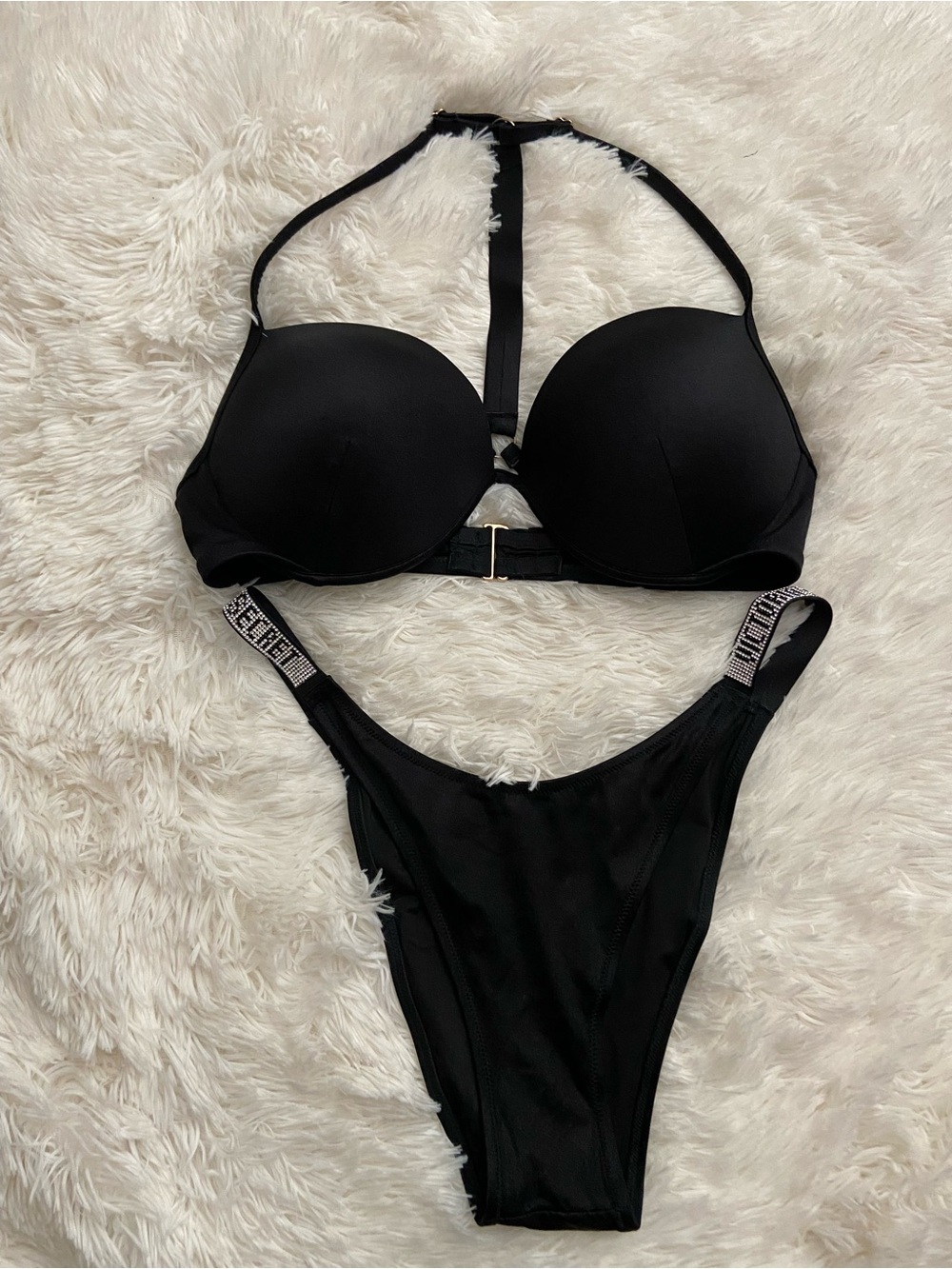 Victoria's Secret Black Push-Up Bikini Set with Logo Straps